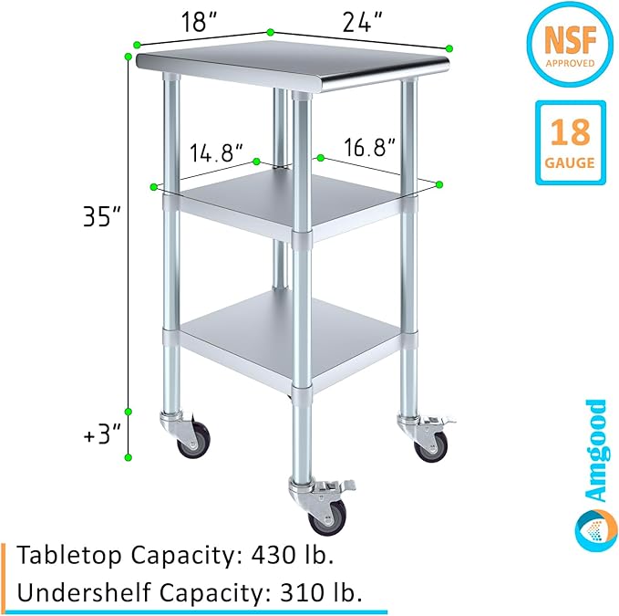 AmGood Stainless Steel Work Table with 2 Shelves and Casters | Metal Utility Table On Wheels (Stainless Steel Work Table with 2 Shelves + Casters, 18" Long x 24" Deep)