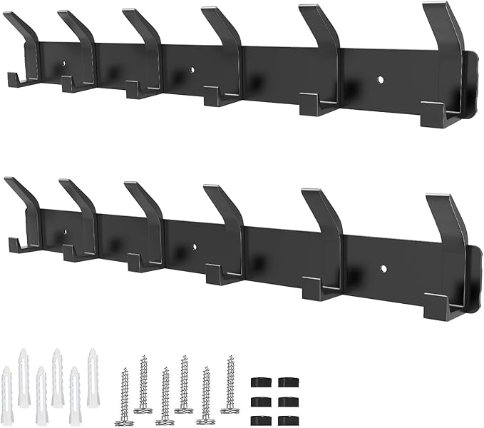 2 Pack Coat Rack Wall Mount,17.3 in Wall Hooks for Hanging, Coat Hanger Wall Mount Towel Rack Hat Rack for Wall with 6 Hooks for Entryway, Bedroom, Bathroom (Black,6 Hook-2Pack)