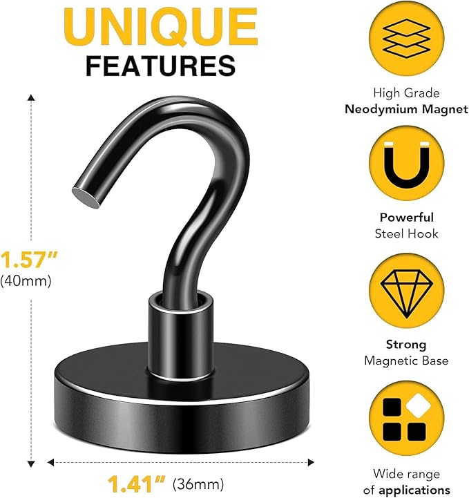 DIYMAG Black Magnetic Hooks, 170 LB Heavy Duty Strong Magnets with Hook, Rare Earth Neodymium Magnet for Cabins Cruise Ship Essentials 8 Packs
