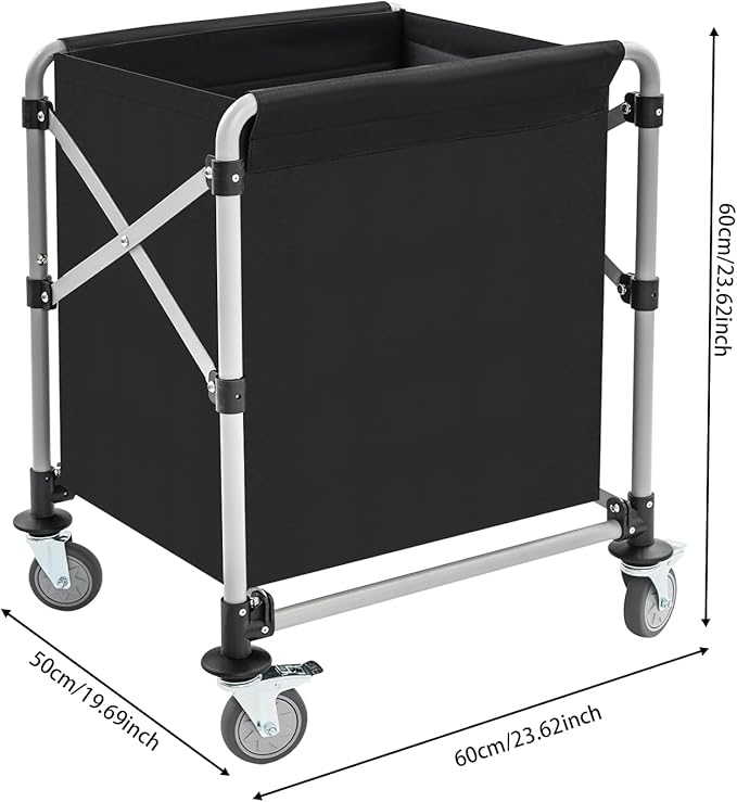 Commercial Laundry Cart with Wheels,Folding Laundry Hamper Cart,Heavy Duty Rolling Laundry Basket with Large Capacity,Laundry Sorter Trolley for Home Hotel Apartment (Black, 23.62 * 19.69 * 23.62in)