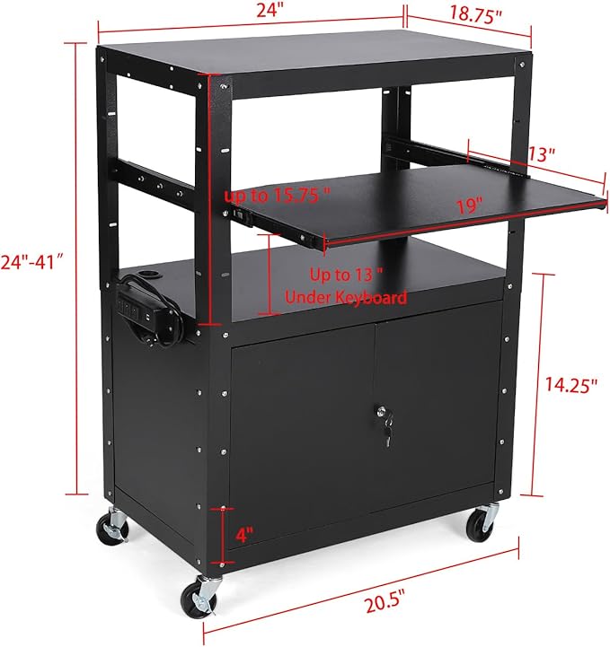 Garvee Mobile AV Cart with Lockable Cabinet, Adjustable Height Laptop Stand, Drop Leaf Workstation, Extra Storage Space, Power Strip Included, Rolling Utility Cart