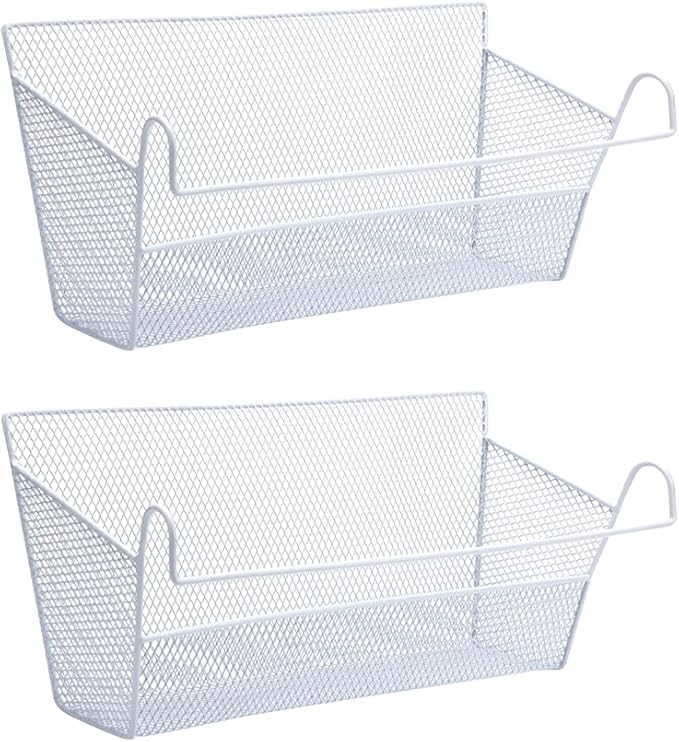 2 pcs Hanging metal mesh bedside storage basket， student dormitory bed storage baskets,used for bedside storage, beverage tissues and office rooms with hooks (white)