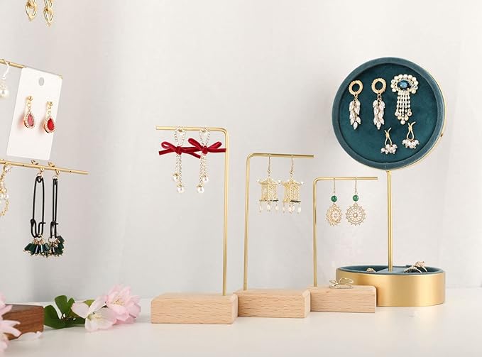 GemeShou 3pcs Beech wooden dangle earring stand holder, hoop earring displays for selling jewelry, mini brass earring hanger【Walnut Stand set-3pcs】