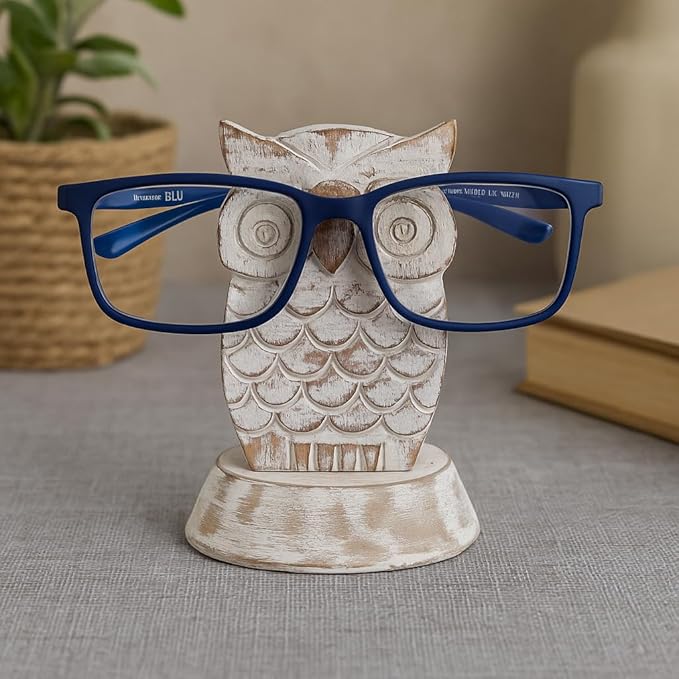 Stocking Stuffers Wooden Owl Glasses Holder Night Stand Reading Eyeglass Retainer White Elephant Gifts for Adults Women Men Him Her Mom Dad Car Christmas Gifts