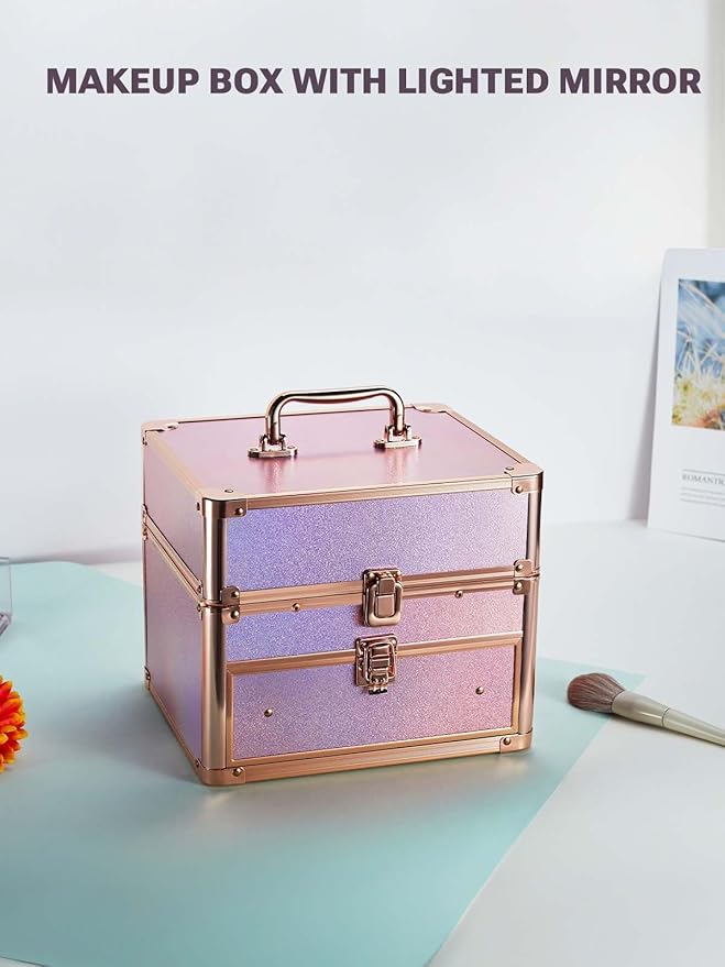 Qislee Makeup Box with Drawer and Four Trays, A Detachable Lighted Mirror, Waterproof Travel Train Case, Cosmetic Organizer and Makeup Suitcase with Magnetic LED Mirror(Sparkling Gradient Pink)