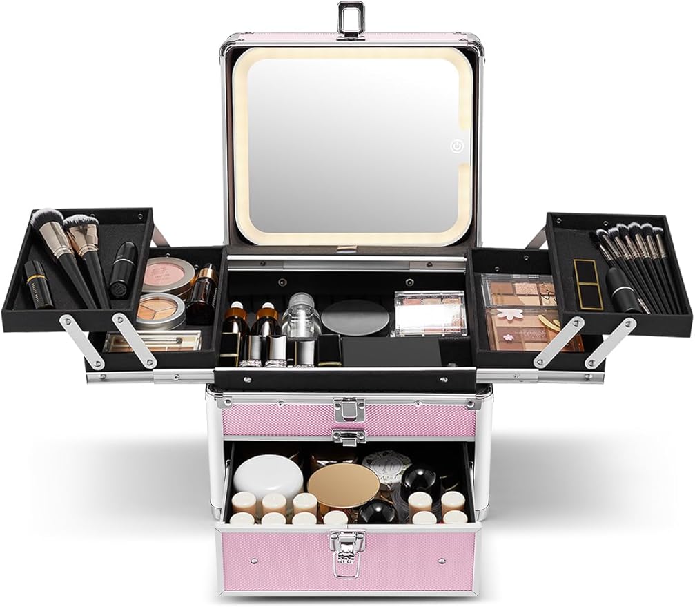 Qislee Makeup Box with Drawer and Four Trays, A Detachable Lighted Mirror, Waterproof Travel Train Case, Cosmetic Organizer and Makeup Suitcase with Magnetic LED Mirror(ICY Pink)