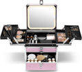 Qislee Makeup Box with Drawer and Four Trays, A Detachable Lighted Mirror, Waterproof Travel Train Case, Cosmetic Organizer and Makeup Suitcase with Magnetic LED Mirror(ICY Pink)