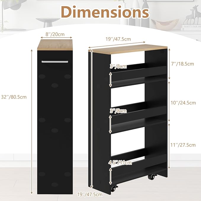 Slim Rolling Storage Cart, 4 Tier Narrow Kitchen Cart with Wheels, Between Washer and Dryer Cart, Wood Shelving Unit Organizer w/Handle for Small Spaces (Black, 8-inch)