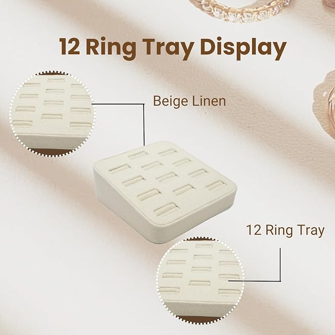 Novel Box 12-Slot Beige Linen Rings/Earrings/Cufflinks Holder Tray 5.75x5x2 Inches - Ring Holder Organizer for Selling or Personal Use - Jewelry Display Trays for Special Occasions