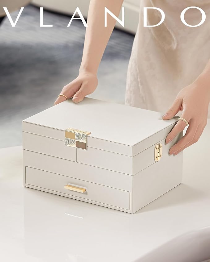 Vlando 3 Layer Jewelry Box - Women Jewelry Box with Retractable Tray - Jewelry Organizers with Drawer for Necklaces, Rings, Bracelets, Earrings, Gift for Couples Mom Girls - Could White