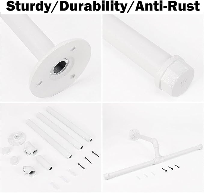 Industrial Pipe Clothes Rack Floating DIY Wall Mounted, Heavy Duty Rustic Vintage Clothing Rod, Metal Garment Bar Space-Saving Hanging for Bedroom, Bathroom and Laundry Room (White 20 inch)