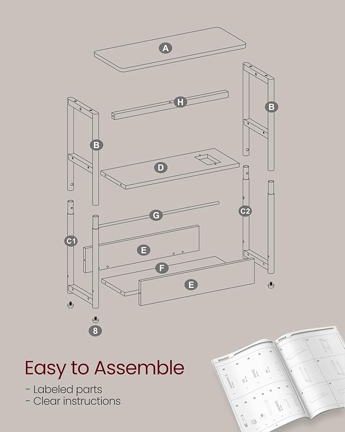 VASAGLE Side Table with Charging Station, Narrow End Table, 3-Tier Nightstand, Sofa Table for Small Spaces, Magazine Rack, for Living Room, Bedroom, Study, Ebony Black and Ink Black ULET335B01