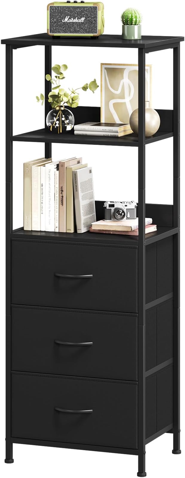 Somdot 3 Tier Bookshelf with Drawer, Tall Bookcase with Shelves, Bookshelf Desktop Organizer, Display Standing Shelf Units for Living Room, Bedroom, Study Room, Black