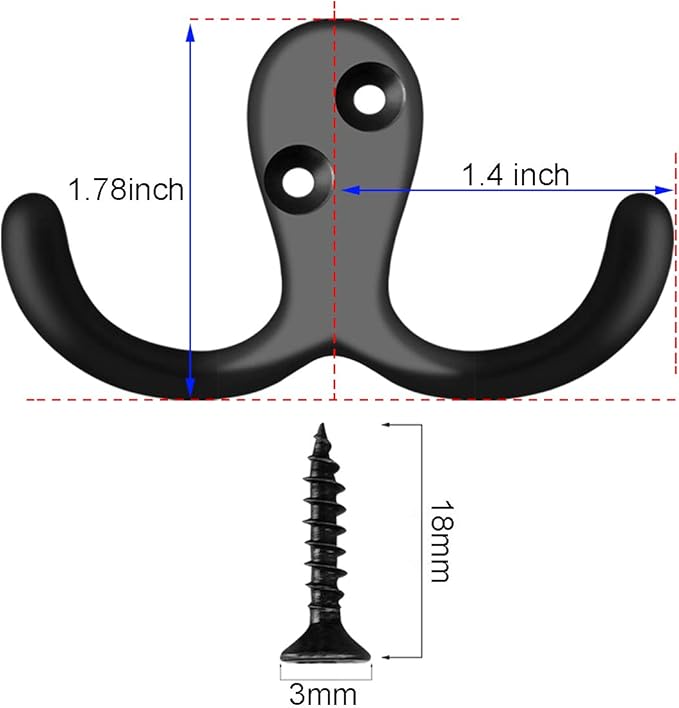 IBosins 16 Pack Heavy Duty Double Prong Coat Hooks Wall Mounted with 32 Screws Retro Double Hooks Utility Hooks for Coat, Scarf, Bag, Towel, Key, Cap, Cup, Hat(Black)