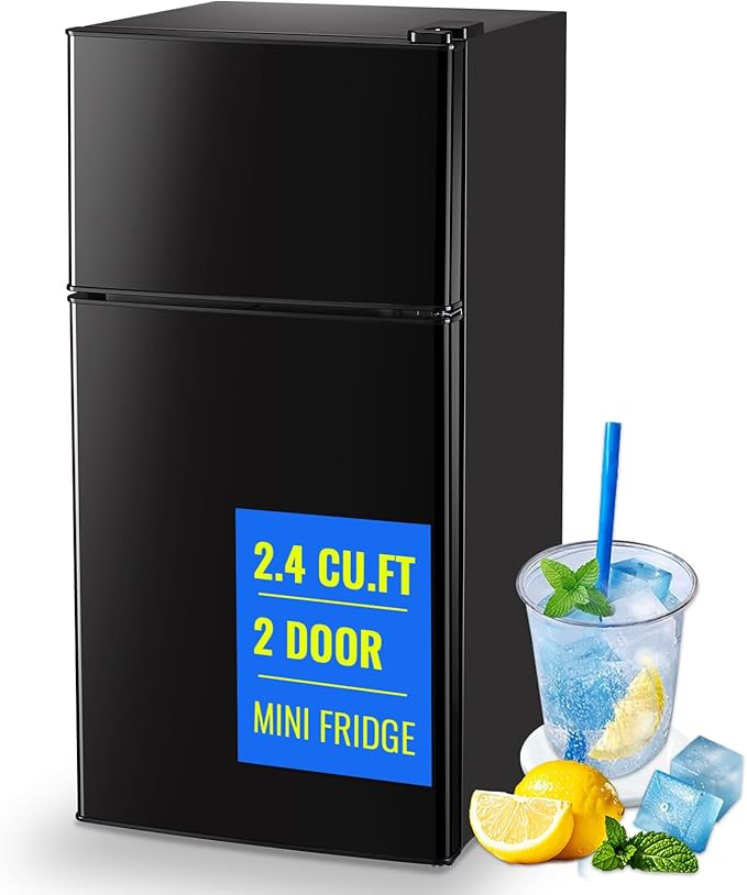 2.4 Cu.ft Mini Fridge Dual Door Small Refrigerator with Freezer Apartment Size Fridge for Personal Senven Temp Gear Black