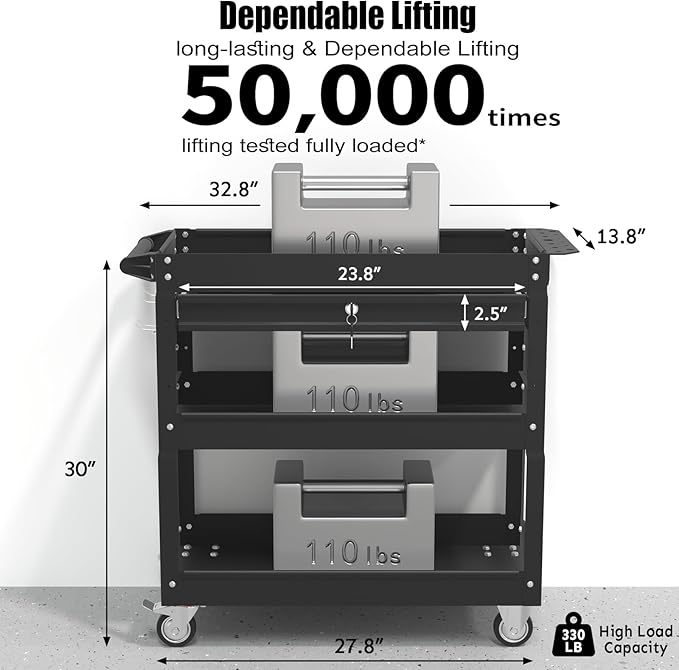 3-Tier Rolling Utility Cart, Metal Heavy Duty Utility Cart on Wheels with Lockable, 330 lb. Load Large Storage Capability Tool Cart for Garage, Warehouse, Repair Shop, Black