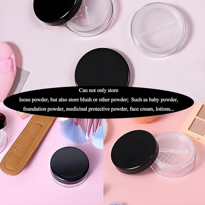 HAHIYO 2Pcs 20ml/0.68oz Plastic Empty Travel Compact Case Makeup Cosmetic Jar Refillable Powder Box No Leak Holder with Rotatable Sifter and Black Screw Lid