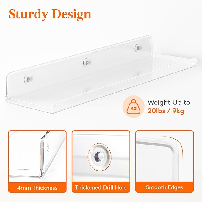 Lifewit Floating Shelves for Wall, 4 Pack 15" Clear Acrylic Shelf Room Decor for Book/Figures/Photo/Makeup in Bathroom, Book Shelf, Living Room, Bedroom, Kitchen Storage and Organization