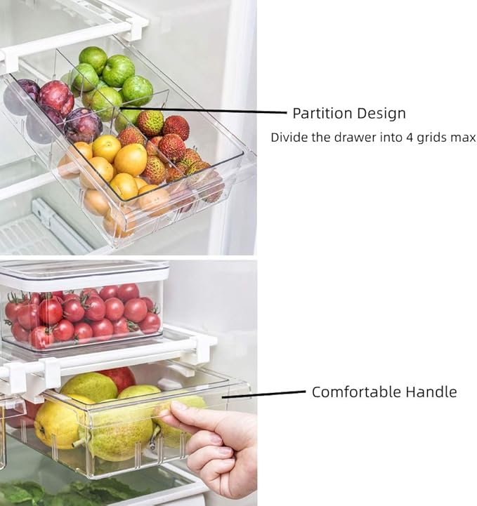 YekouMax Fridge Drawer Organizer, Refrigerator Organizer Bins, Pull Out with Handle, Shelf Holder Storage Box, Clear Container for Food, Drinks, Fit for Fridge Shelf Under 0.6" (1 Pack Medium)