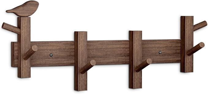 Coat Rack Wall Mount，Solid Acacia Wall Mounted Coat Rack with 4+2 Heavy Duty Wall Hooks for Hanging Coats，Backpacks，Towels，etc. Coat Hooks Wall Mount for Entryway, Bathroom,etc