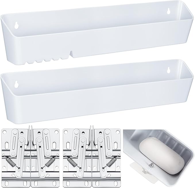 Umigy 2 Pack 14" Tip Out Tray for Sink with 2 Pairs of Hinges Front Sink Drawer Tip Out Tray Kit False Drawer Front Clips Flip Sponge Holder for Kitchen, White