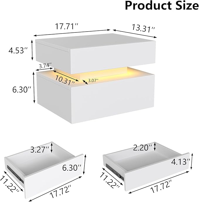 Floating Nightstand Set of 2, Wall Mounted Night Stand with Led Lights, Modern Bedside Tables with Drawers for Bedroom, Easy Assembly