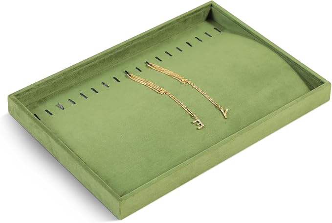 Velvet Jewelry Display Tray For Bracelet Pendant Necklace, Multi-Slot Stackable Storage Tray For Long Chain Jewelries, Drawer Insert Jewelry Organizer (Olive Green)