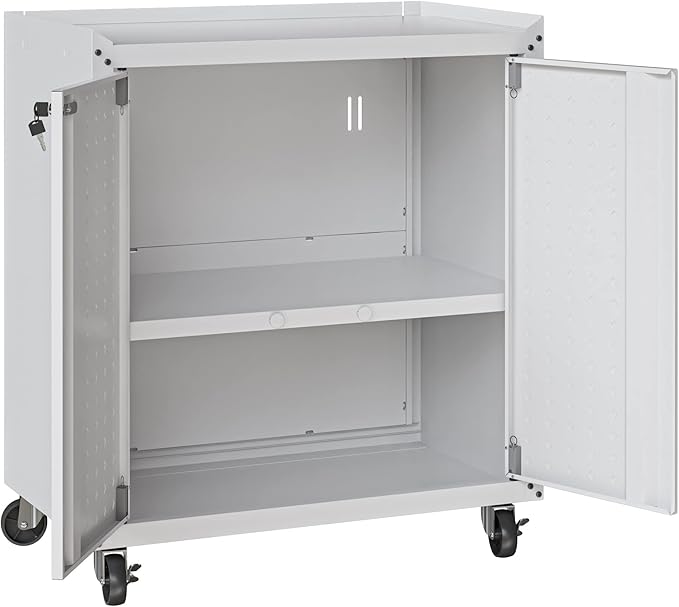 Manhattan Comfort Fortress Textured Metal 31.5" Garage Mobile Cabinet with 2 Adjustable Shelves in White