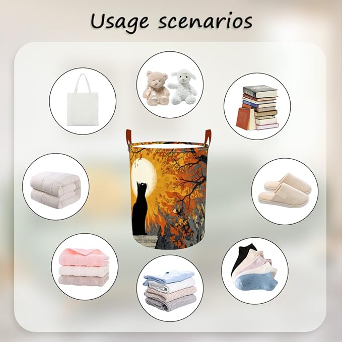 Laundry Baskets 15.7x19.7 Inch Black Cat Autumn Sunset Tree Design Collapsible Laundry Hamper with Handles Oxford Fabric Clothes Storage Bin Foldable Dirty Clothes Organizer for Bedroom Bathroom