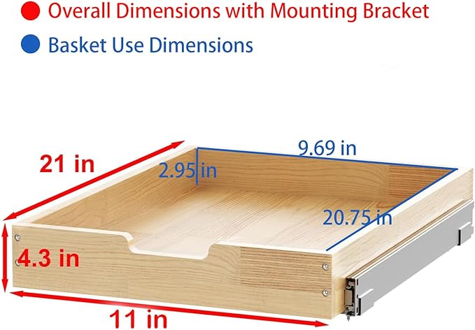 Wood Pull Out Cabinet Organizer 11" W x 21" D, for 12" Cabinet Opening Heavy-Duty Sliding Drawers for Inside Cabinets Storage and Organization for Kitchen