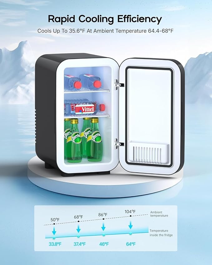 Mini Fridge,6 Liter / 8 Can Small Fridge for Bedroom, Car, Office & Dorm, AC100-120 V/DC 12 V Portable Thermoelectric Cooler & Warmer for Skincare, Food, Drinks,Black ﻿