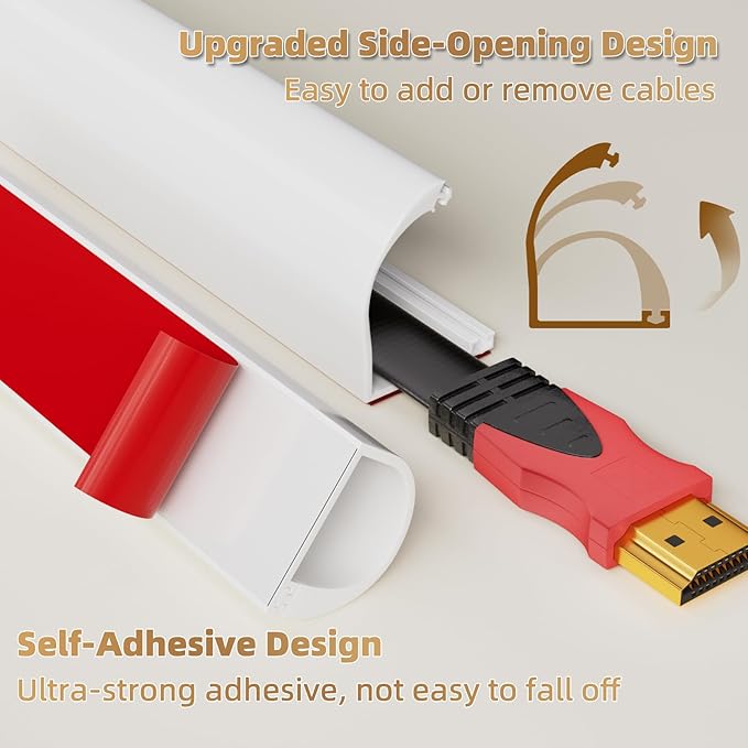 118" Side Open One Cord Hider (<1/4") for Wall Mounted Tv,Extension Cable Cover to Hide Conceal Cords Along Wall,Wire Raceway Management Cable Concealer Channel,Electric Cord Organizer Wiremold,White