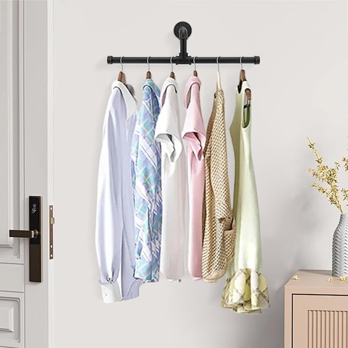 Industrial Pipe Clothes Rack Floating DIY Wall Mounted, Heavy Duty Rustic Vintage Clothing Rod, Metal Garment Bar Space-Saving Hanging for Bedroom, Bathroom and Laundry Room (Black 18 inch)
