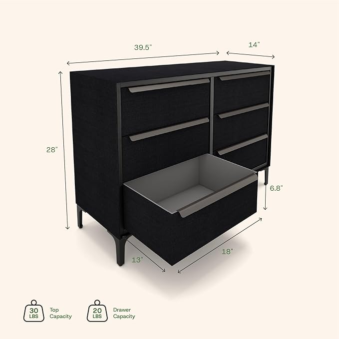 Naima Premium Fabric Dresser - Strong Metal Frame, 6 Spacious Sag-Proof Drawers with Sleek Metal Handles - Premium & Durable Storage Solution for Your Home (Black)