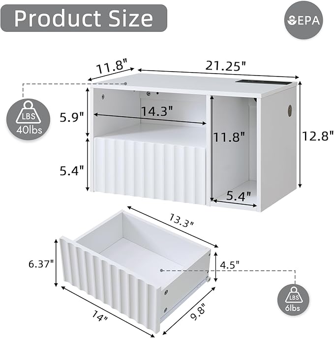 Modern Matte White Fluted Floating Nightstand with Charging Station, NightStand with Drawers, Bedside with USB Ports and Outlets, Bedroom Furniture (Right)