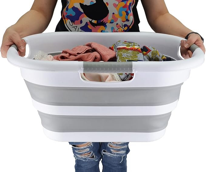 SAMMART 30L (7.9 gallon) Collapsible Plastic Laundry Basket - Foldable Pop Up Storage Container/Organizer - Portable Washing Tub - Space Saving Hamper/Basket (1, White/Grey)