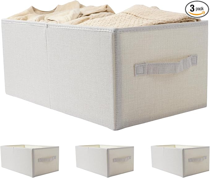 3 Pack Linen Storage Baskets with Handle,Large Foldable Closet Storage Bins for Shelves,Toys,Sheets,Clothes,18"×11"×8",Beige
