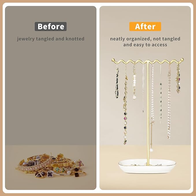 Elegant Jewelry Holder Stand: Metal Tree & Ceramic Tray Organizer for Necklaces, Rings, Earrings - Durable, Rustproof Display Holder Easy to Access Deluxe White
