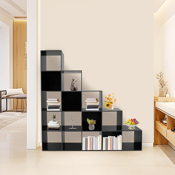 15 Cube Storage Organizer with 154 lbs Capacity, Bookcase for Study Room Bedroom Living Room, Black Ladder Cube Storage Unit for Books Toys Decor, L-Shaped Corner Bookcase Shelf