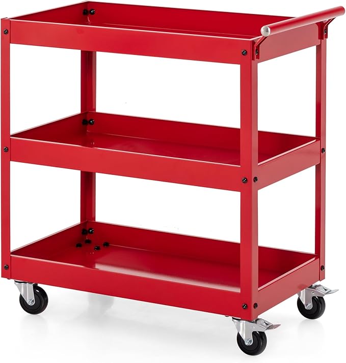 Goplus 3-Tier Utility Cart, Heavy Duty Commercial Service Tool Cart w/Lockable Wheels, 330lbs Load Capacity, Ergonomic Handle, Rolling Mechanic Tool Cart Storage Organizer for Warehouse Garage Red