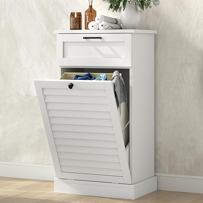 Upgraded Tilt Out Laundry Hamper Cabinet, 15 Gallon Trash Can Cabinet with Shutter Front & Drawer, Hidden Garbage Can Bin Cabinets with Laundry Storage Basket for Bathroom, Kitchen (White, Single)