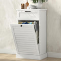 Upgraded Tilt Out Laundry Hamper Cabinet, 15 Gallon Trash Can Cabinet with Shutter Front & Drawer, Hidden Garbage Can Bin Cabinets with Laundry Storage Basket for Bathroom, Kitchen (White, Single)