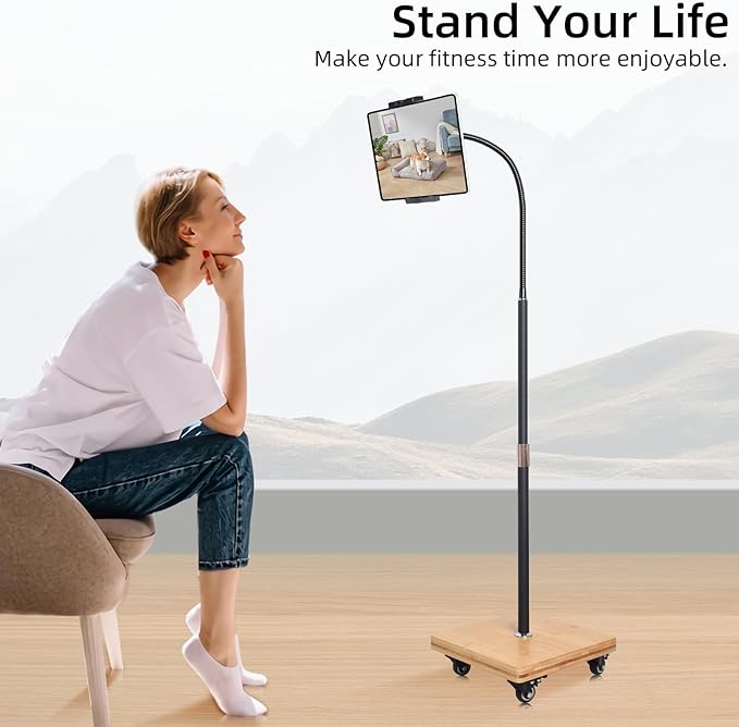 wishacc Tablet Floor Stand for Bed - Gooseneck Tablet Holder Mount with Adjustable Height and 4 Wheels, Compatible with iPad mini Air Pro 12.9/9.7, Galaxy Tab, Kindle, Cell Phones (4.7"-13")