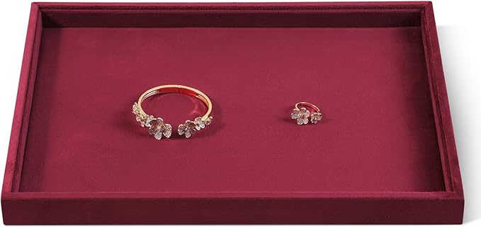 Velvet Stackable Jewelry Display Flat Tray For Ring Earring Necklace Bracelet, Bangle Pendant Storage Blank Plate, Shop Countertop Jewelry Dish Organizer (Red)