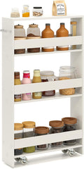 Slim Rolling Storage Cart, 4 Tier Narrow Kitchen Cart with Wheels, Between Washer and Dryer Cart, Wood Shelving Unit Organizer w/Handle for Small Spaces (White, 5-Inch)
