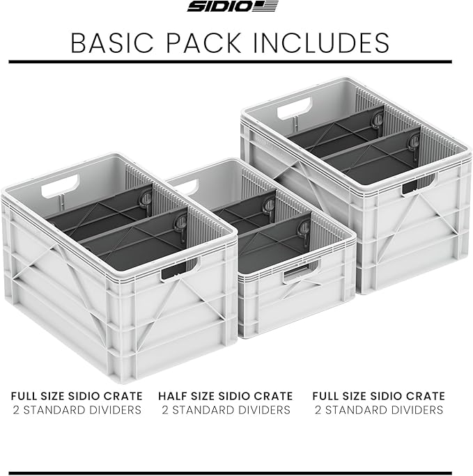 SIDIO CRATE Basic Pack - Two Full Size and One Half Size SidioCrate, Stackable Outdoor Organizer Storage Bins with Dividers - White