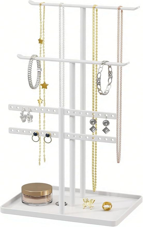 Jewelry Stand Organizer for Necklace Earring - 14.5" Sturdy Metal, 3-TierJewelry Holder for Bracelet, Ring Display and Storage, White