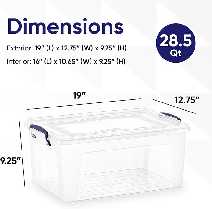 Superio Storage Bins with Lids- Clear Boxes for Organizing, Stackable Plastic Containers- BPA Free, Non-Toxic, Odor Free, Organizer for Home, Office, Dorm (6 Pack, 28.5 Qt)