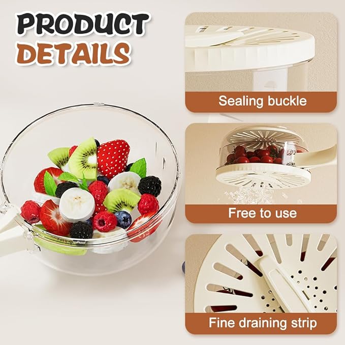 Multi-Functional Fruit and Vegetable Washing Bowl, Fruit Strainer Container with Lid, 2 In 1 Sealed Drainer Basket, Drainer and Freshness Basket, Kitchen Tool with Foldable Handle (White)