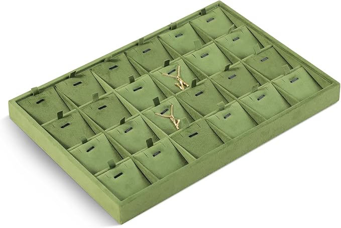 Velvet Necklace Display Tray, Stackable 24 Grid Insert Pendant Necklaces Storage Holder Plate, Jewelry Retail Countertop Organizer (Olive Green)